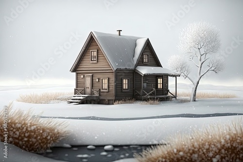 Landscape with a wooden cabin in the middle of the snow. Generative AI photo