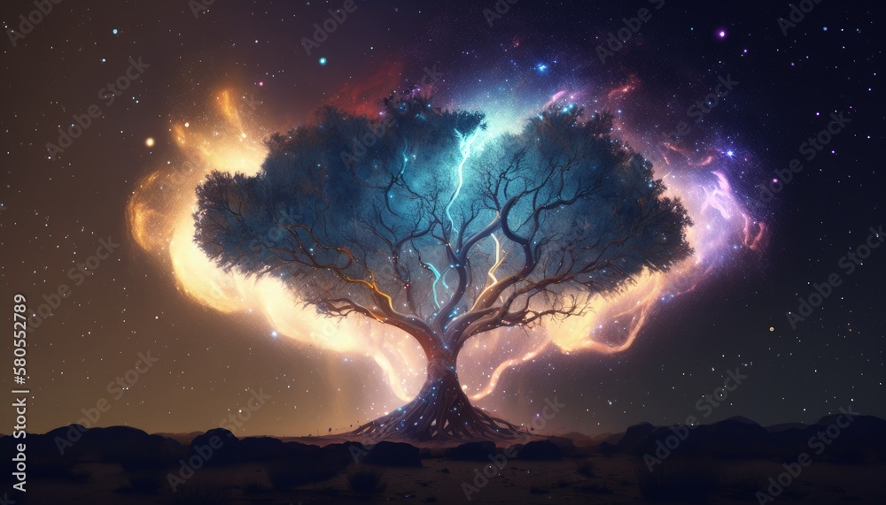 Landscape with mystical tree, milky way and stars in the sky. Generative AI Landscape with mystical tree, milky way and stars in the sky. Generative AI