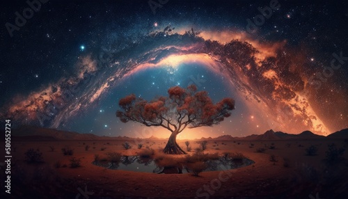 Landscape with mystical tree, milky way and stars in the sky. Generative AI