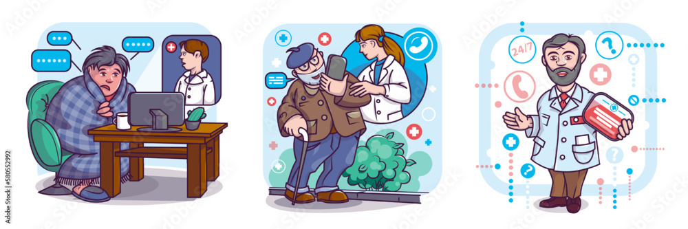 Set of professional doctors consulting their patients online. Cartoon characters providing remote modern healthcare services. Make diagnosis and treat online. Vector