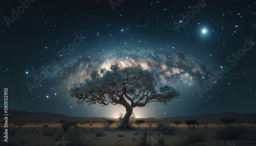 Landscape with mystical tree  milky way and stars in the sky. Generative AI