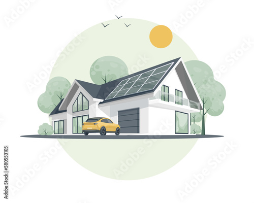 Home alternative electryciti. Illustration of a modern house. Solar panels on the roof country house and wind turbines on nature background.