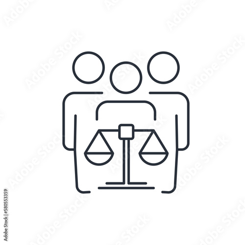 Judicial proceedings. Defend interest. Vector linear icon on a white background.