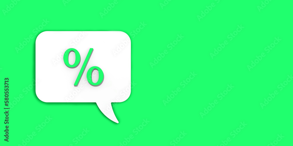 Light green percent sign on white message board. Interest withdrawal signal. Discount notifications. Message on a Light green background. Banner for insertion into site. 3D image. 3D rendering. Light green percent sign on white message board. Interest withdrawal signal. Discount notifications. Message on a Light green background. Banner for insertion into site. 3D image. 3D rendering.