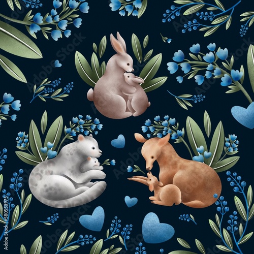 Composition with animals and their cubs on a dark background with blue flowers. Snow leopard, rabbit and deer cubs hug their mothers. Postcard, poster, children's illustration.