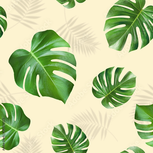 seamless pattern of monstera leaves on beige background