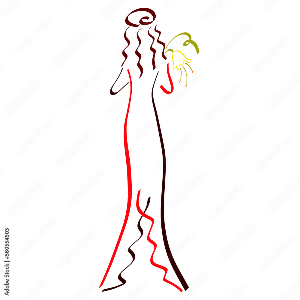 beautiful lady in a long dress with a flower in her hands is waiting for someone, abstract colorful pattern on a white background