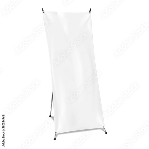 X-banner stand vector mockup. Blank white collapsible advertising sign realistic mock-up. Template for design