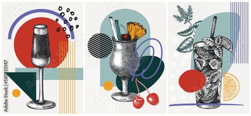 Collage style cocktail vector illustrations. Hand-sketched alcoholic drink drawings set. Trendy design with glassware, geometric and abstract shapes. Mojito, Black velvet, pina colada for print