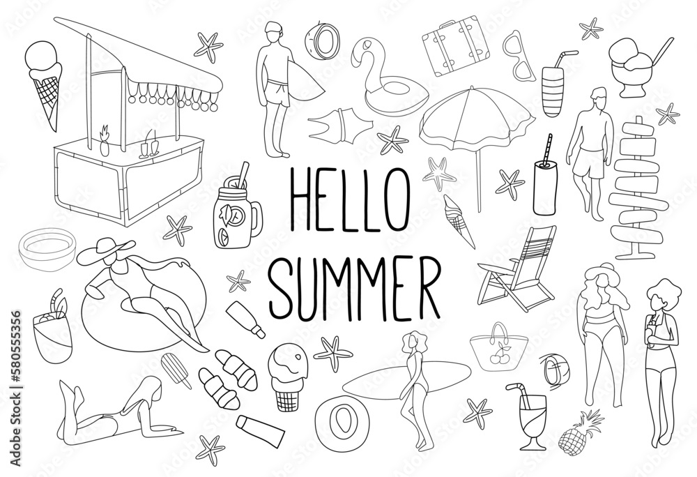 Summer Holidays Vacation Travel Funny Doodle Vector set. Hand drawn illustration. Monochrome pattern. Summer Holidays Vacation Travel Funny Doodle Vector set. Hand drawn illustration. Monochrome pattern.