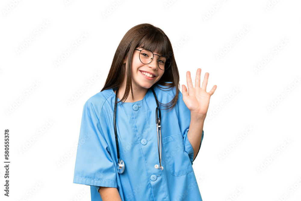 Little girl as a surgeon doctor over isolated chroma key background saluting with hand with happy expression Little girl as a surgeon doctor over isolated chroma key background saluting with hand with happy expression