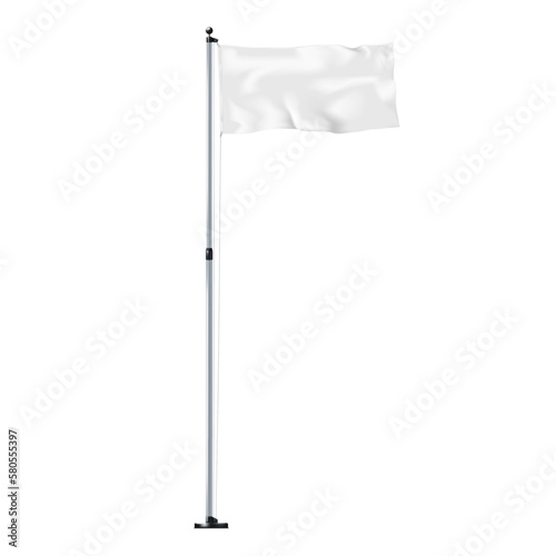 Blank waving flag on metal pole isolated on white background realistic vector mock-up. Empty horizontal flying banner mockup. Template for design