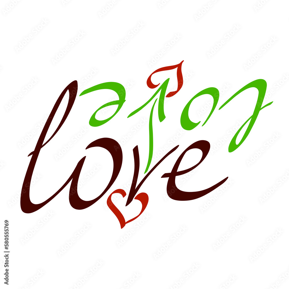 Fototapeta premium two words Love, an arrow in the letters pierces the heart, colorful text with decor on a white background