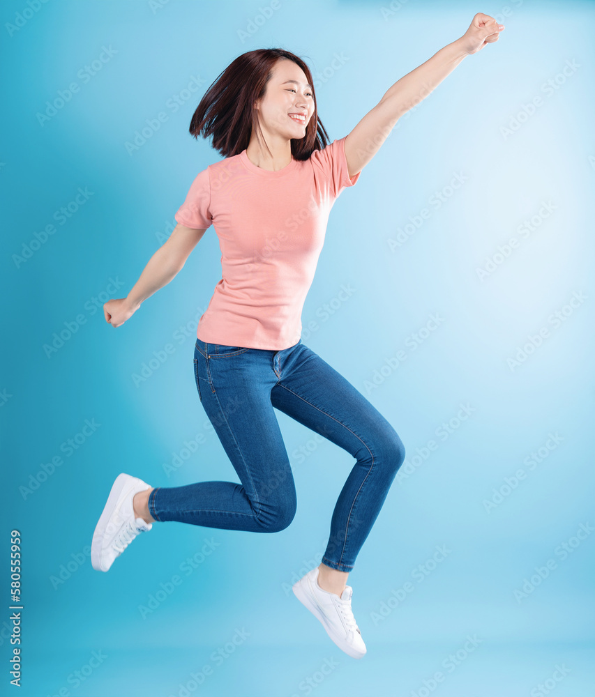Asian woman on blue background