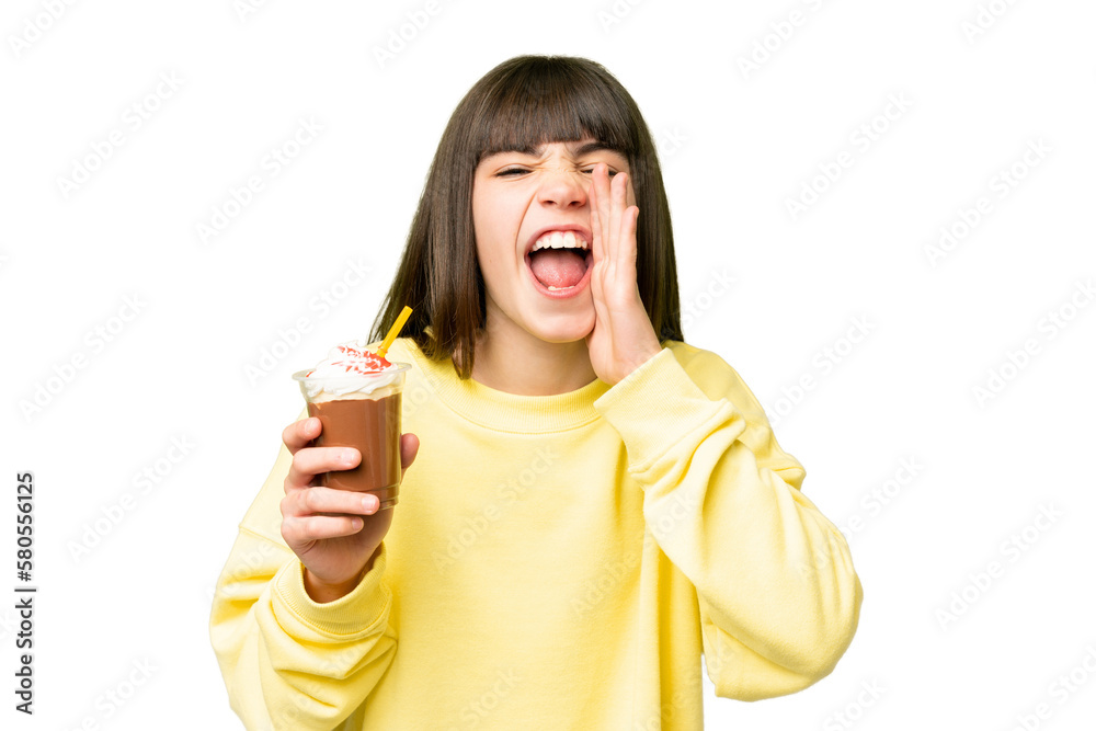 Little girl with chocolat cream over isolated chroma key background shouting with mouth wide open Little girl with chocolat cream over isolated chroma key background shouting with mouth wide open