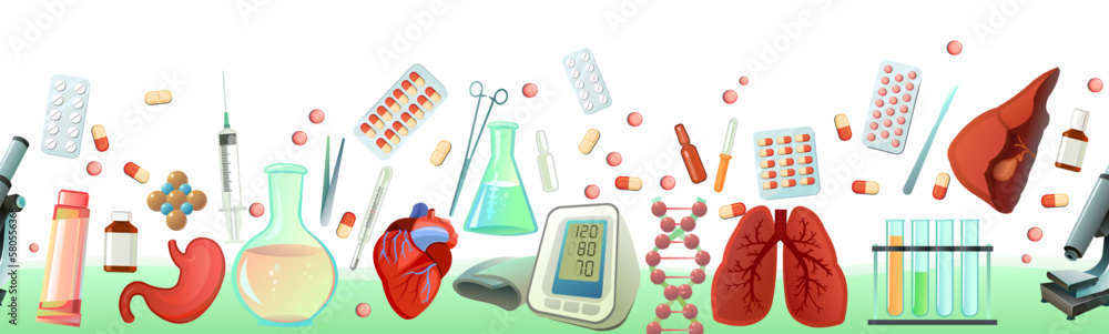 Medicine and treatment. Seamless bottom border. Cartoon style. Subjects of study. Equipment and human internal organs for treatment. Isolated on white background. Vector. Medicine and treatment. Seamless bottom border. Cartoon style. Subjects of study. Equipment and human internal organs for treatment. Isolated on white background. Vector.