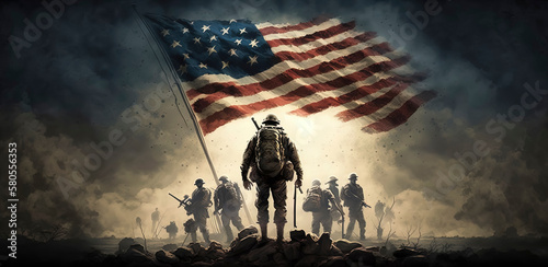 A conservative image of God, American soldiers, and America, representing liberty, freedom, and the American flag with its stars. AI Generated. photo