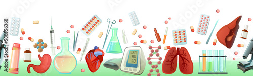 Medicine and treatment. Seamless bottom border. Cartoon style. Subjects of study. Equipment and human internal organs for treatment. Isolated on white background. Vector.