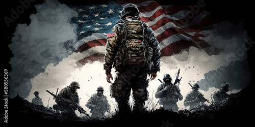 A conservative image of God, American soldiers, and America, representing liberty, freedom, and the American flag with its stars. AI Generated.