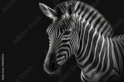 On a dark background is a zebra. Picture in black and white. Generative AI