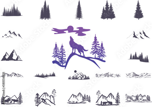 Canvas Print Landscape Mountain Tree Animals Silhouette, Vector set of illustration with wild