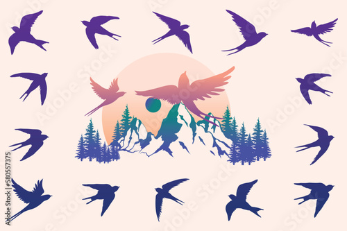 Flying swallows birds silhouette. Flock of swallows, Set of Swallow logo vector template