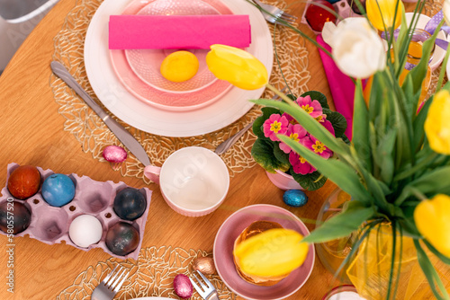 easter table setting with easter eggs