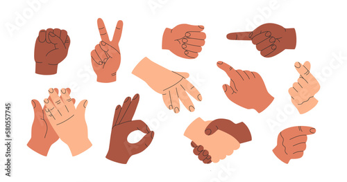 Set of different hand gestures. Victory, handshake, fist, applause, sign okay and index finger up. Hand drawn vector illustration isolated on white background. Modern flat cartoon style
