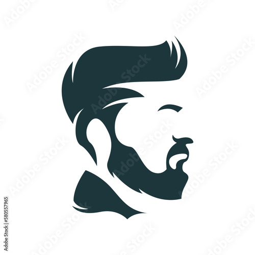 Barbershop icon logo, hair salon with hipster head. sideways style.