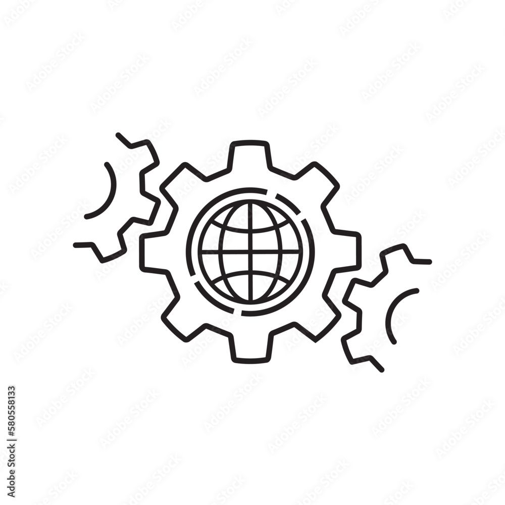linear cogwheel with world icon like effective industry. lineart trend modern graphic stroke design web element isolated on white. concept of international tech company badge or global technical work linear cogwheel with world icon like effective industry. lineart trend modern graphic stroke design web element isolated on white. concept of international tech company badge or global technical work