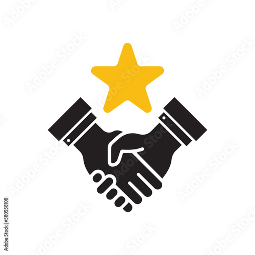 handshake with yellow star like partnership icon. flat simple trend gift logotype design element isolated on white background. concept of consumer crm service symbol or great deal support pictogram