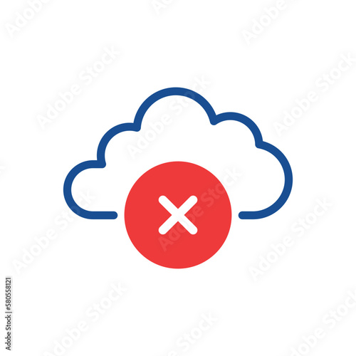 blue thin line cloud with red round cross icon. concept of upload or download trouble or system alert badge. flat trend modern software logotype graphic design element isolated on white background