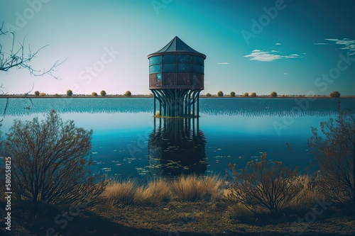 Water tower at reservoir. Photo generative AI