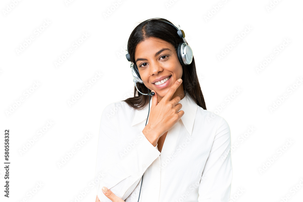 Telemarketer African American woman working with a headset over isolated chroma key background smiling Telemarketer African American woman working with a headset over isolated chroma key background smiling