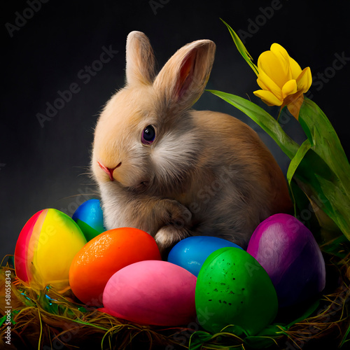 cute easter bunny and easter colorful eggs on a dark background. Illustration. Generative AI. © Лариса Снимушкина