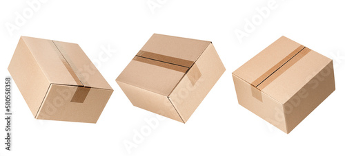 three levitating closed cardboard boxes from different angles on an isolated white background