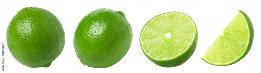 Natural fresh lime, slice, and half isolated, transparent png, PNG format, cut-out.