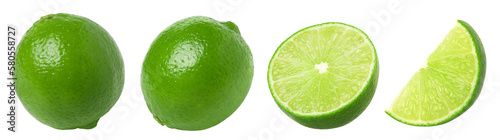 Natural fresh lime, slice, and half isolated, transparent png, PNG format, cut-out.