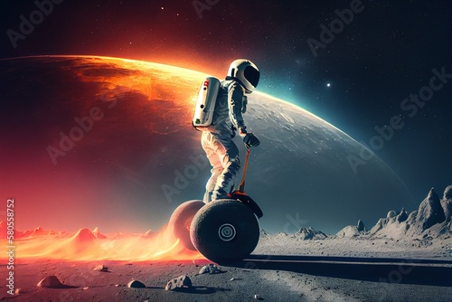 An astronaut riding electric segway at the planet surface. Creative illustration generated by Ai photo