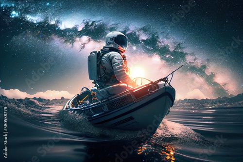 An astronaut sailing on the boat under the beautiful milky way, exploring universe concept. Creative illustration generated by Ai