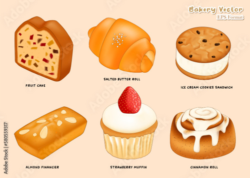 set of bakery cakes and breads
