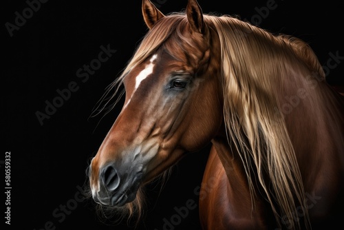 Elegant horse portrait on black background, Horse on dark background, Portrait of chestnut horse, isolated on black background. Generative AI © AkuAku