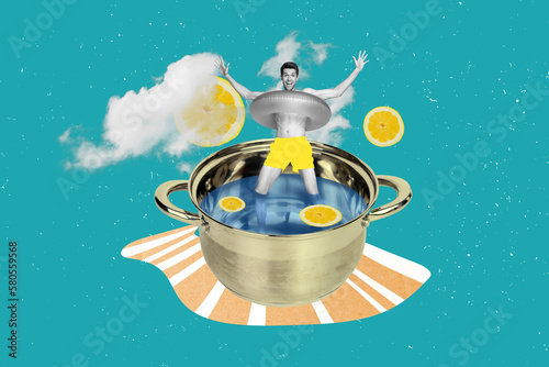Collage artwork graphics picture of funny funky guy bathing saucepan with lemon isolated painting background photo