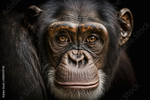 A close up chimpanzee portrait (Pan troglodytes). Generative AI © AkuAku