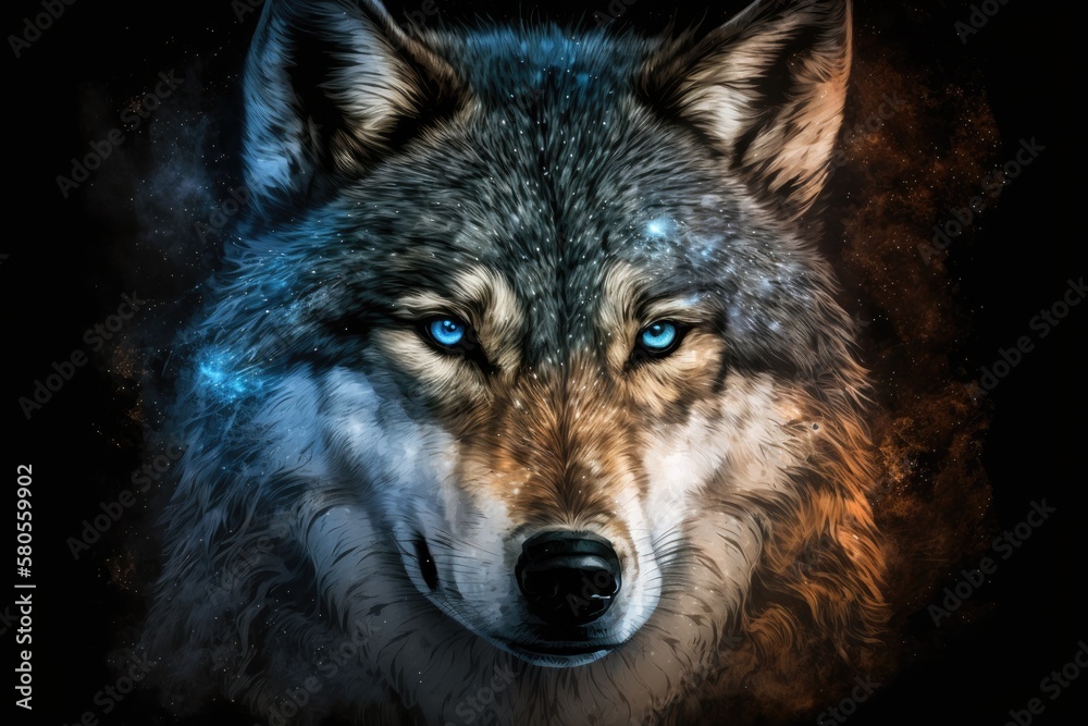 Obraz premium A cute fantasy portrait of a wolf that could be used for a picture avatar or on a T shirt, mug, or other accessory item. Generative AI