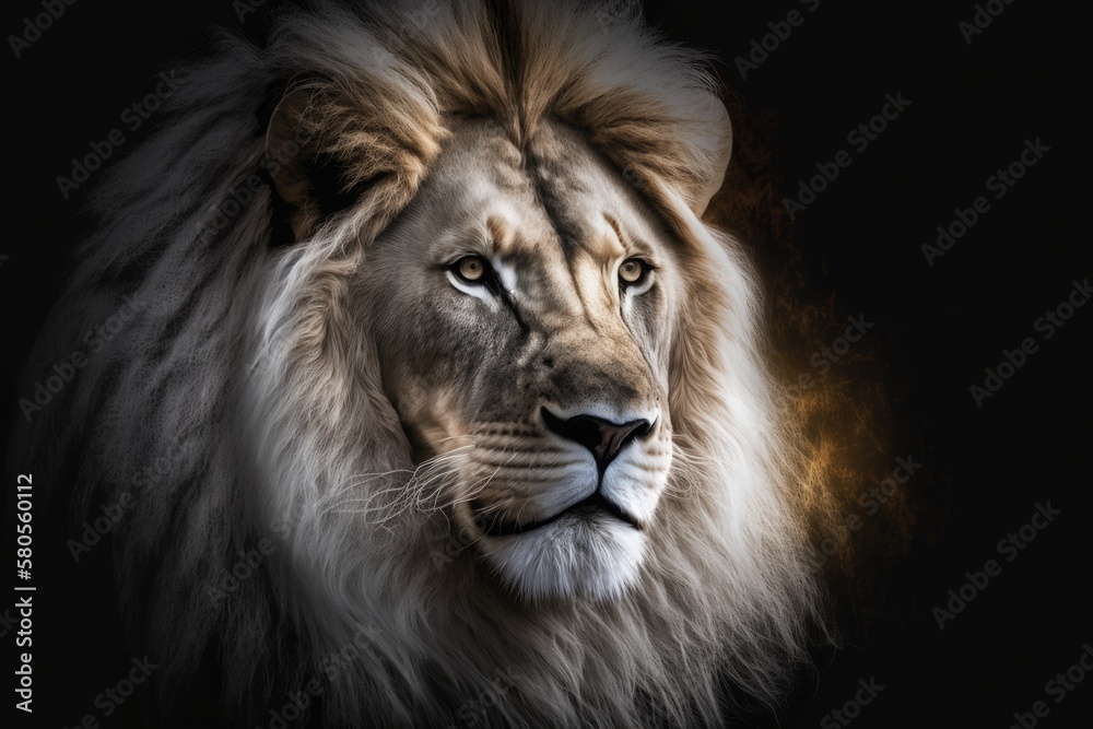Lion. Portrait of a lion lit up in white. A picture of the animal kingdom. A picture of a strong predator. Generative AI