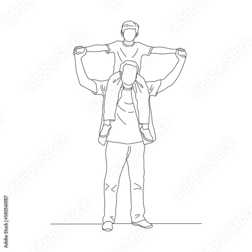 Father carrying his son on shoulder line drawing illustration.