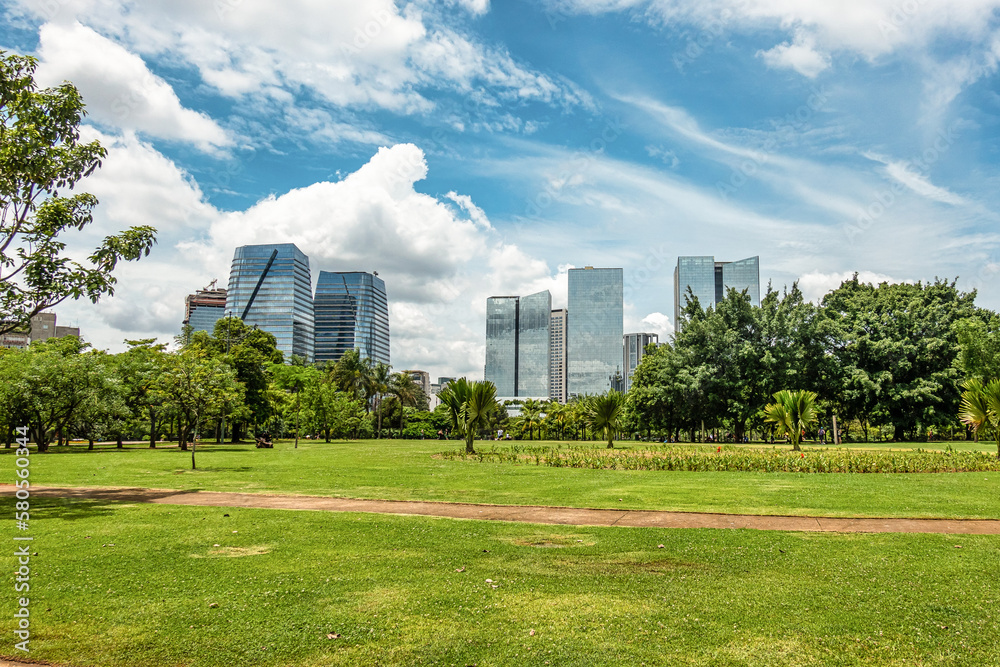 View of Parque do Povo, peoples park in Sao Paulo, Brazil with buildings and a cloudy sky