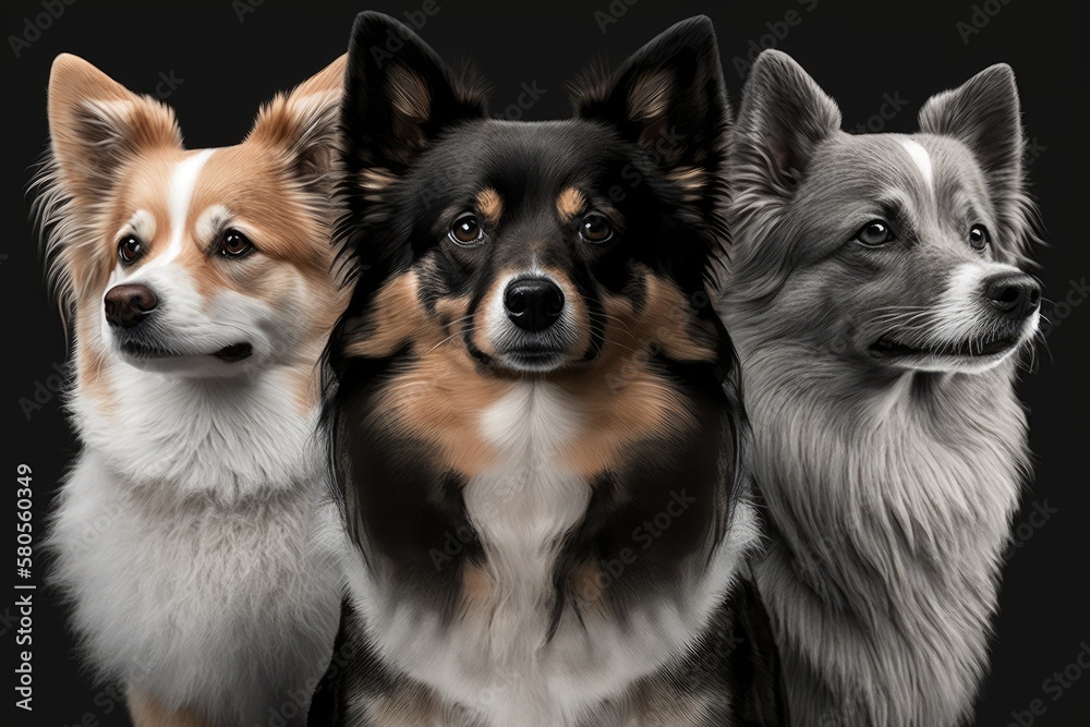 Banner with three dogs on it. head of a pomeranian, an akita, and a border collie. Stands out against a gray background. Generative AI Banner with three dogs on it. head of a pomeranian, an akita, and a border collie. Stands out against a gray background. Generative AI