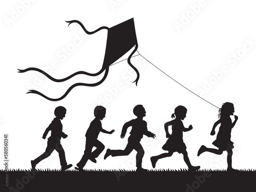 Kids flying kite on grass field out door vector silhouette.